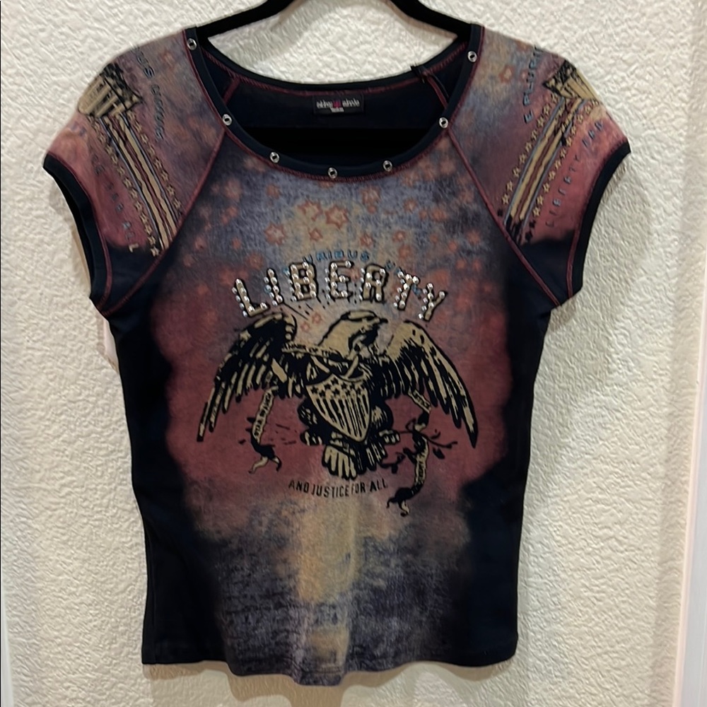 Skinny Minnie Liberty and Justice for All Shirt with Cap Sleeves and Grommets